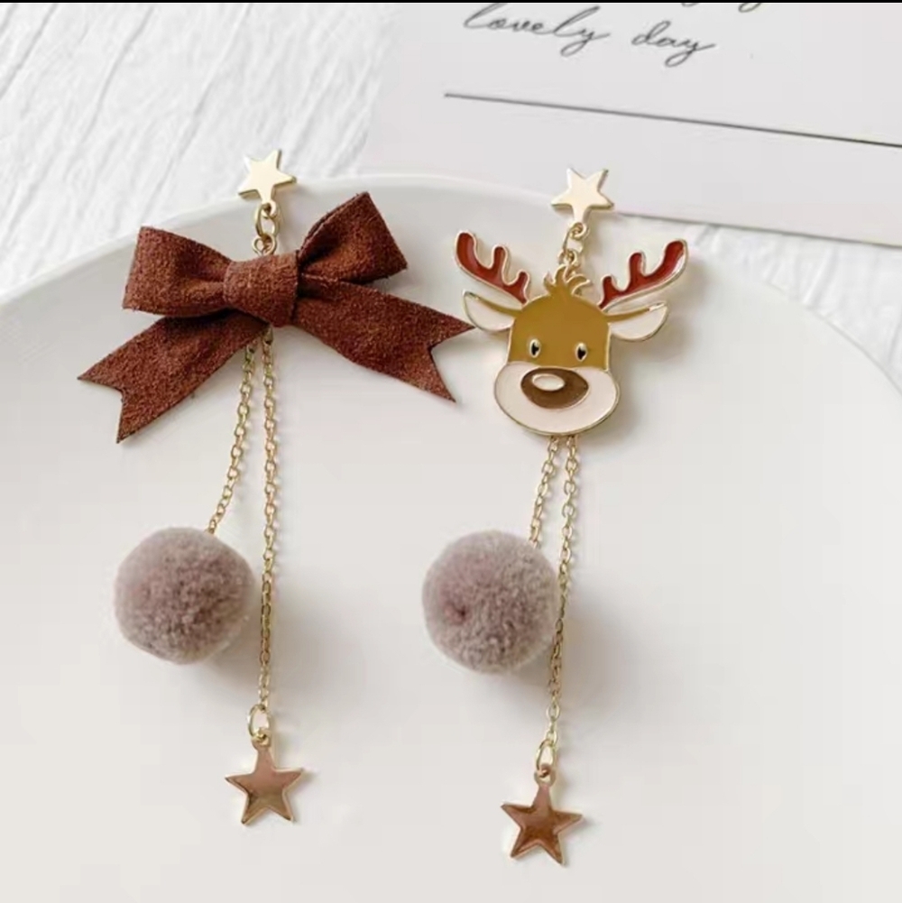 Reindeer & Pom-Pom Bow Drop Earrings Festive Holiday Style